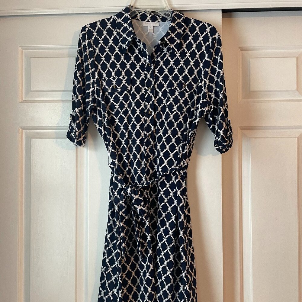 Charter Club Navy and Ivory Shirt Dress Petite Large